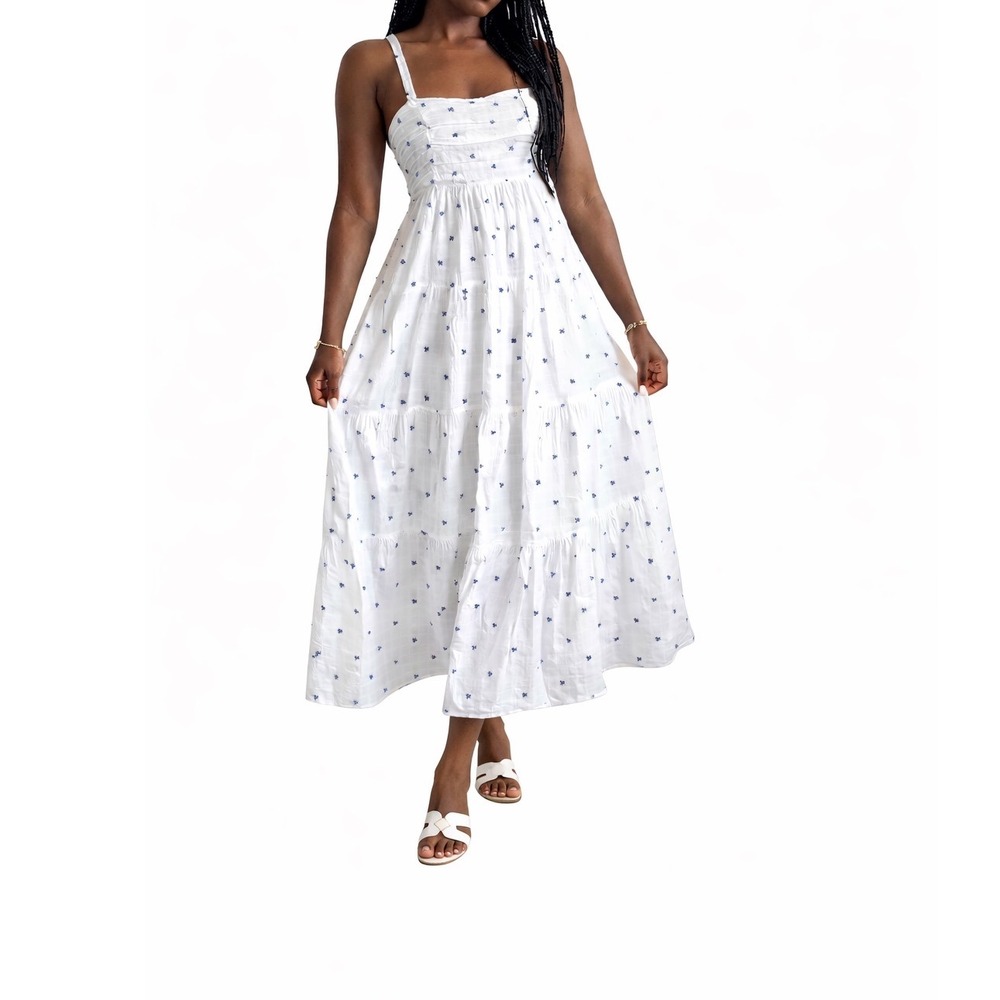 Zara | Dresses | Zara White Cotton Embroidered Midi Dress Xs Blue Floral Tiered Boho Cottagecore